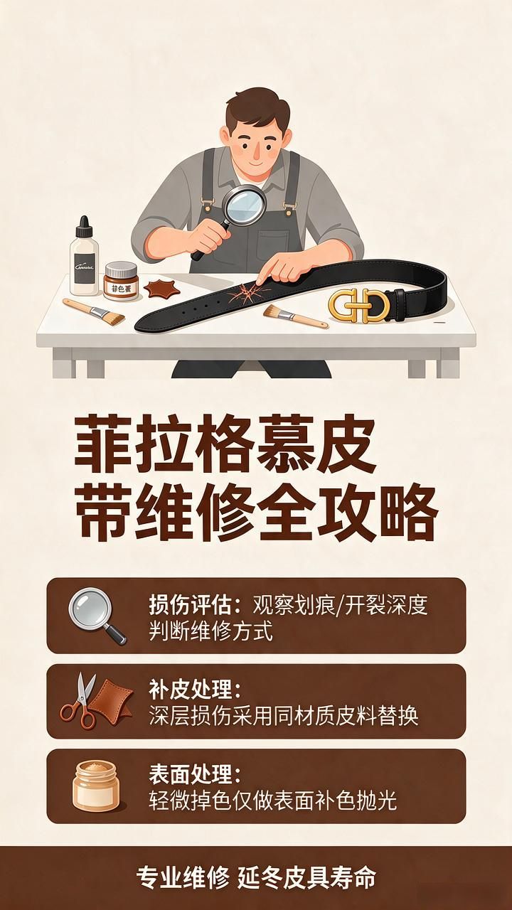菲拉格慕皮带修复_菲拉格慕皮带保养指南_菲拉格慕腰带皮带维修修复翻新